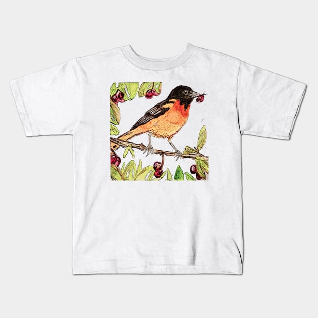 Baltimore Oriole, pretty bird eating cherries Kids T-Shirt by Walters Mom